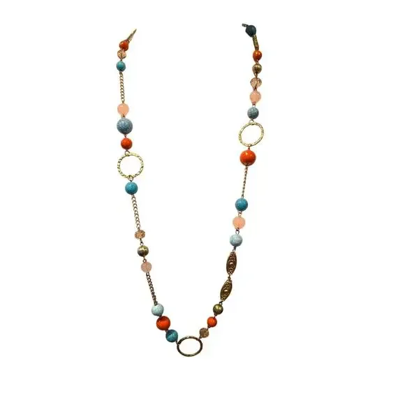 Light Colored Simulated Stones Necklace Acrylic Beads Matte Gold Tone 34" - 36" - Picture 2 of 10
